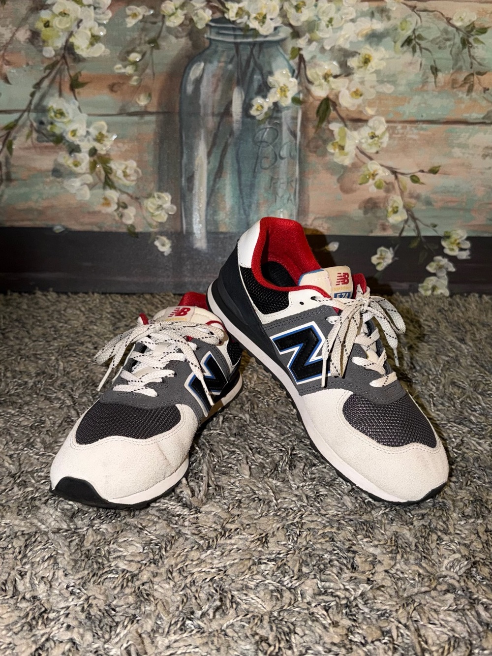 New Balance 574 White, Gray & Red Retro Style Sneakers
